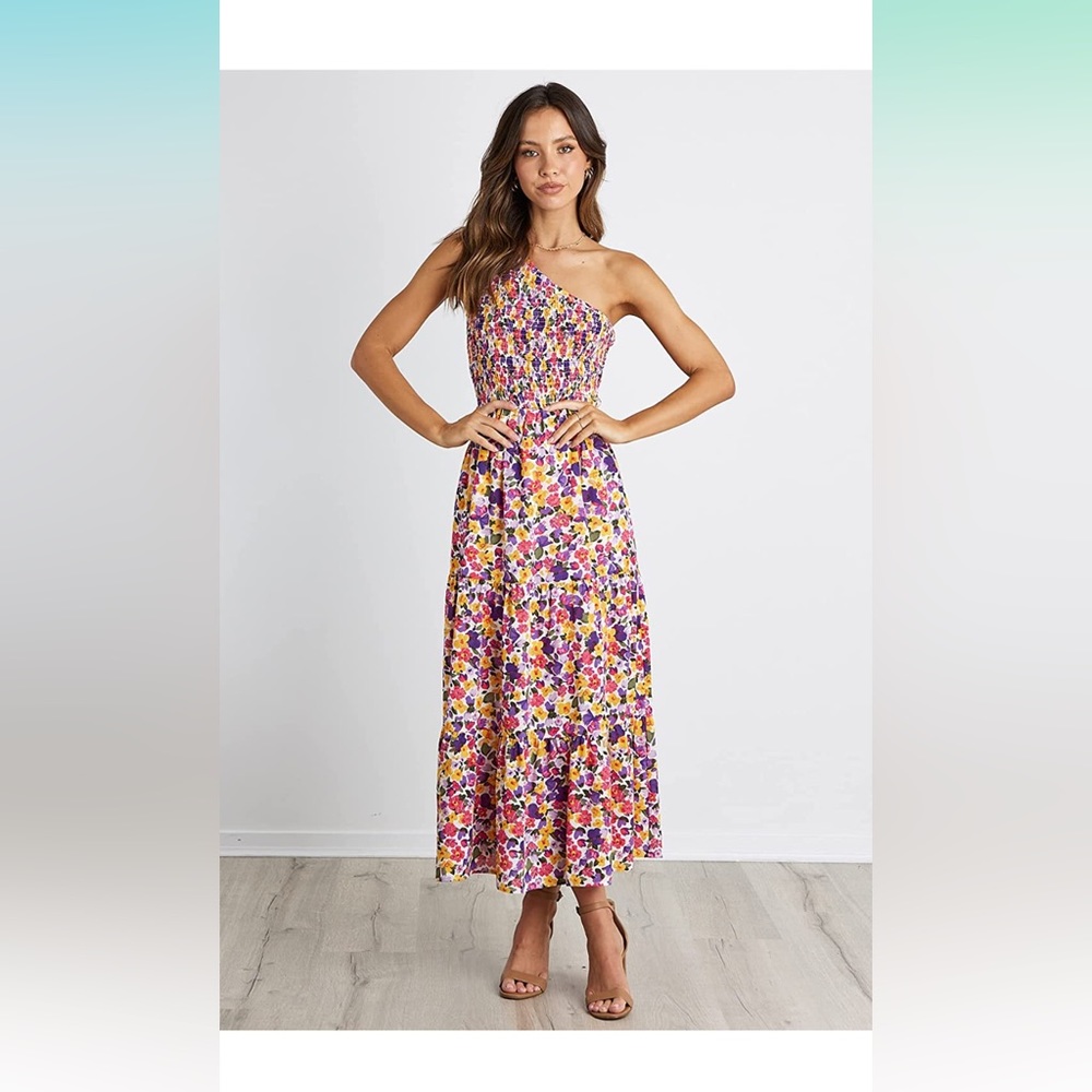 BTFBM One Shoulder Casual Summer Dresses Smocked Floral Flowy Beach Maxi Dress